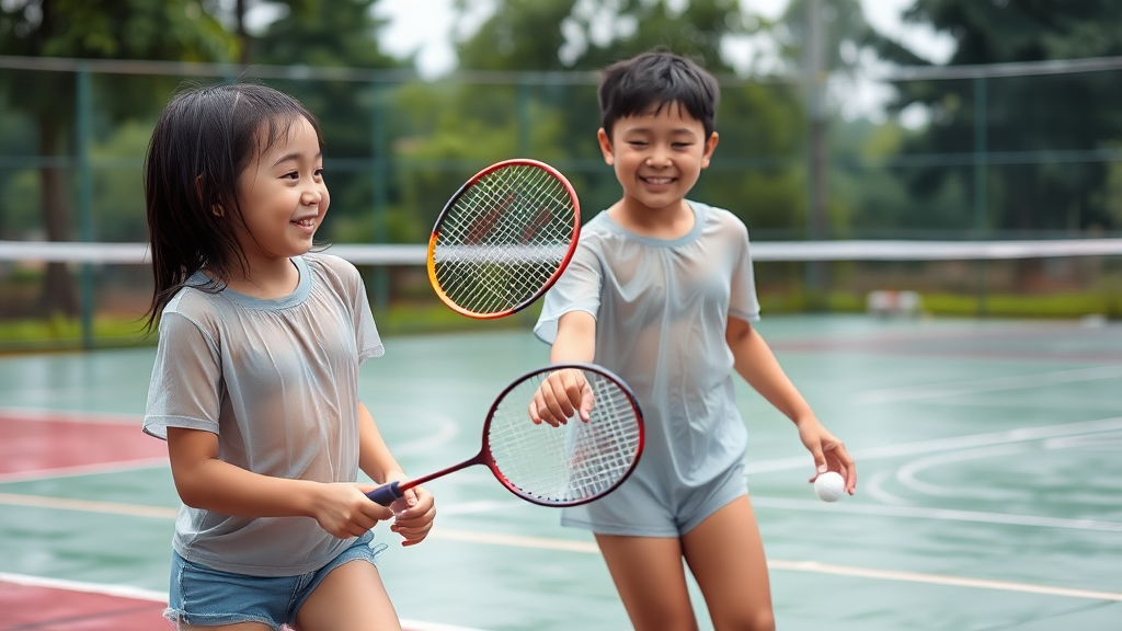 Klee and Paimon playing badminton happily on the sports field, shy, young, 7-years-old, wet transparent shirts, wet transparent underwear.