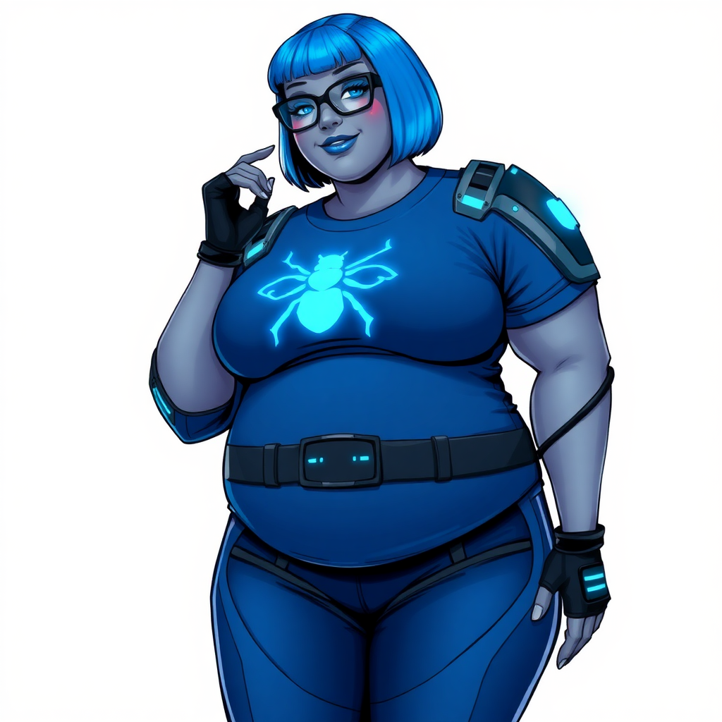 A 28-year-old, full-figured, middle gray skinned computer program hybrid with a maximum blue bob cut. She has a non-athletic build, highlighted by a prominent, round, large midsection (with heavy emphasis on her large belly). As the full-figured digital sidekick to her cyberpunk vigilante boyfriend, her middle gray metallic skin and maximum blue lipstick emphasize her digital nature. She wears a digital, computerized costume inspired by DC’s Carrie Kelly Robin, consisting of a huge, tight-fitting, maximum blue t-shirt with a neon blue glowing chest icon of a beetle, hi-tech shoulder pads with neon blue accents, a black hi-tech belt with a digital neon blue glowing buckle, digital maximum blue pants with neon blue accents, and black hi-tech fingerless biker gloves with neon blue glowing accents. Her bright blue eyes, black eyeglasses with a neon blue glowing HUD built into the lenses, and shy smile with neon red blush accentuate her nerdiness. She stands bashfully with one hand behind her back and the other hand gently touching her cheek, her costume covering all her skin and emphasizing her full-figured physique (especially her belly). She is clearly non-athletic, with a heavy focus on her large belly. Despite her build, she radiates beauty. She has a slim face compared to her physique, accentuating her radiant beauty. She is on a solid white background. She is drawn as if she were in a retro 2D cyberpunk fighting game.