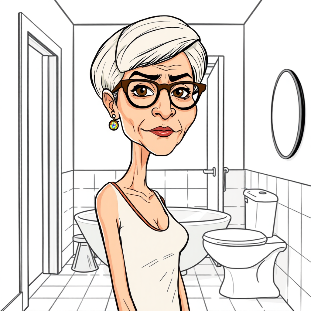 55 Years old, European, Latina, sharp aquiline nose, wrinkles, high cheekbones, Middle Eastern, Skinny, Tanned skin, Dark light skin, Rounded Medium breasts, Skinny thighs, round ass, full Makeup, jewelry, Serious face, Sharp nose, blushing, Ash hair, short bowl haircut, Brown eye color, Glasses, with detailed features. wide bathroom, she is opening the door in the background to enter the room, long establishing shot, 2D, caricature, cartoon, Sketch lines, coloring book, coloring bathroom, well composed, clean coloring book page, No dither, no gradient, strong outline, No fill, No solids, vector illustration, realistic proportions,