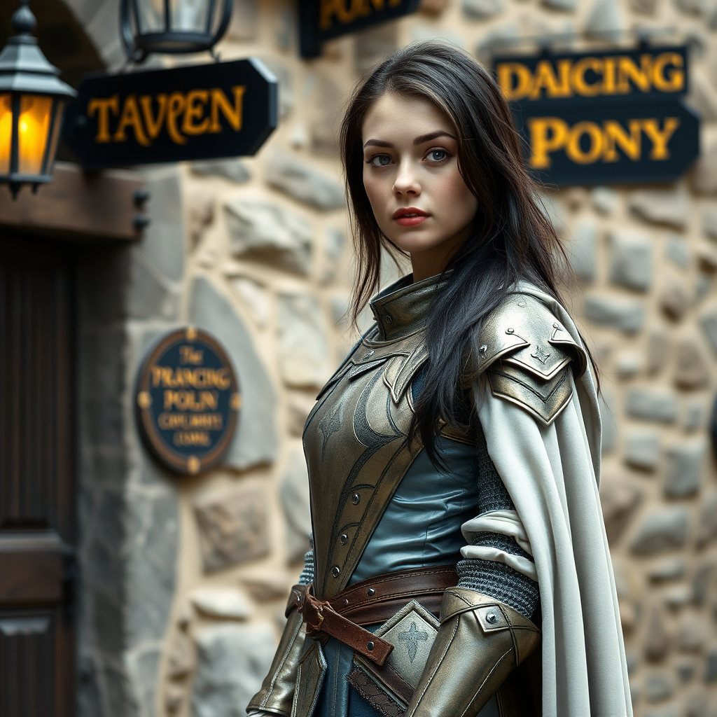 beautiful young woman, dark hair past her shoulders, blue eyes, small, slim figure, wearing light full leather armor suit, long cloak, standing next to medieval tavern with sign: "Prancing Pony".