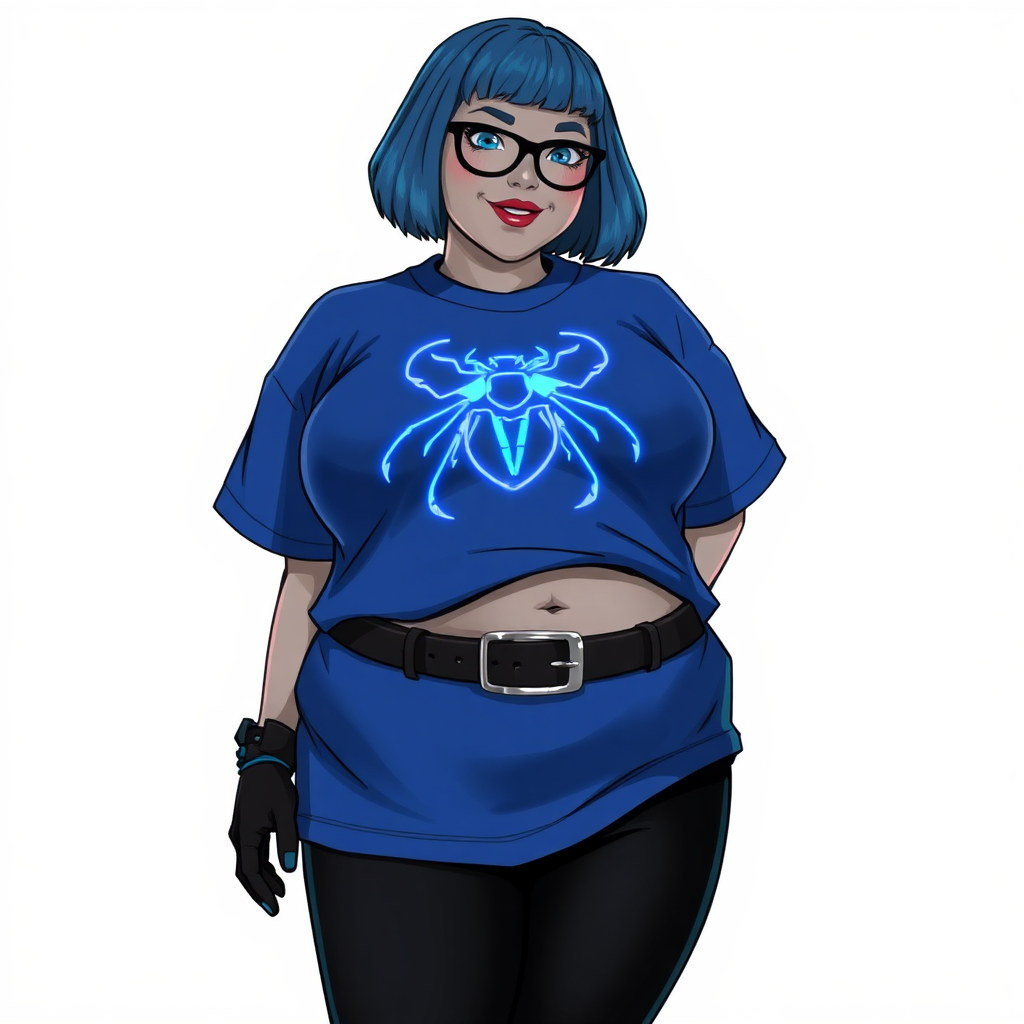 A 28-year-old, full-figured, metallic middle gray skinned computer program hybrid with a maximum blue bob cut. She has a non-athletic build, highlighted by a prominent, round, large midsection (with a full emphasis on her belly). As a digital sidekick, computer hacker, and nerdy girlfriend to her cyberpunk vigilante boyfriend, her middle gray metallic skin and maximum blue lipstick emphasize her digital nature. She wears a costume consisting of an oversized, tight-fitting, maximum blue t-shirt (accentuating her large belly) with a neon blue glowing chest icon of a beetle, black pants, a black belt with a sapphire scarab buckle, and black gloves. Her bright blue eyes, black eyeglasses, and lovestruck smile with neon red blush accentuate her nerdiness. She stands bashfully with her hands behind her back, her t-shirt covering all her skin (especially her large belly) and emphasizing her full-figured, non-athletic physique. She is on a solid white background. She is drawn as if she was in a retro 2D cyberpunk fighting game. She is clearly non-athletic, with emphasis on her full-figured and pudgy physique. Ensure her t-shirt covers her midsection (especially her large belly).