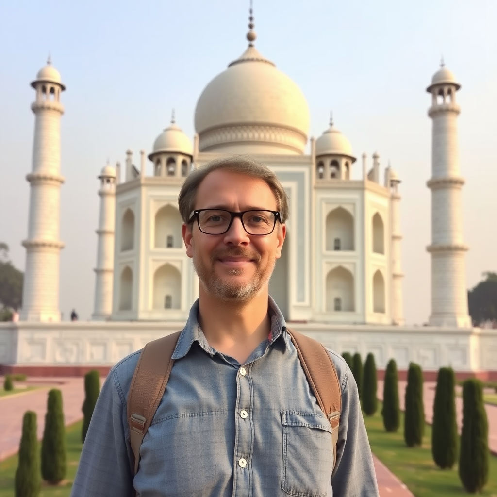 I am a middle-aged male teacher, wearing glasses, standing in front of the magnificent Taj Mahal, taking a photo with this great building.