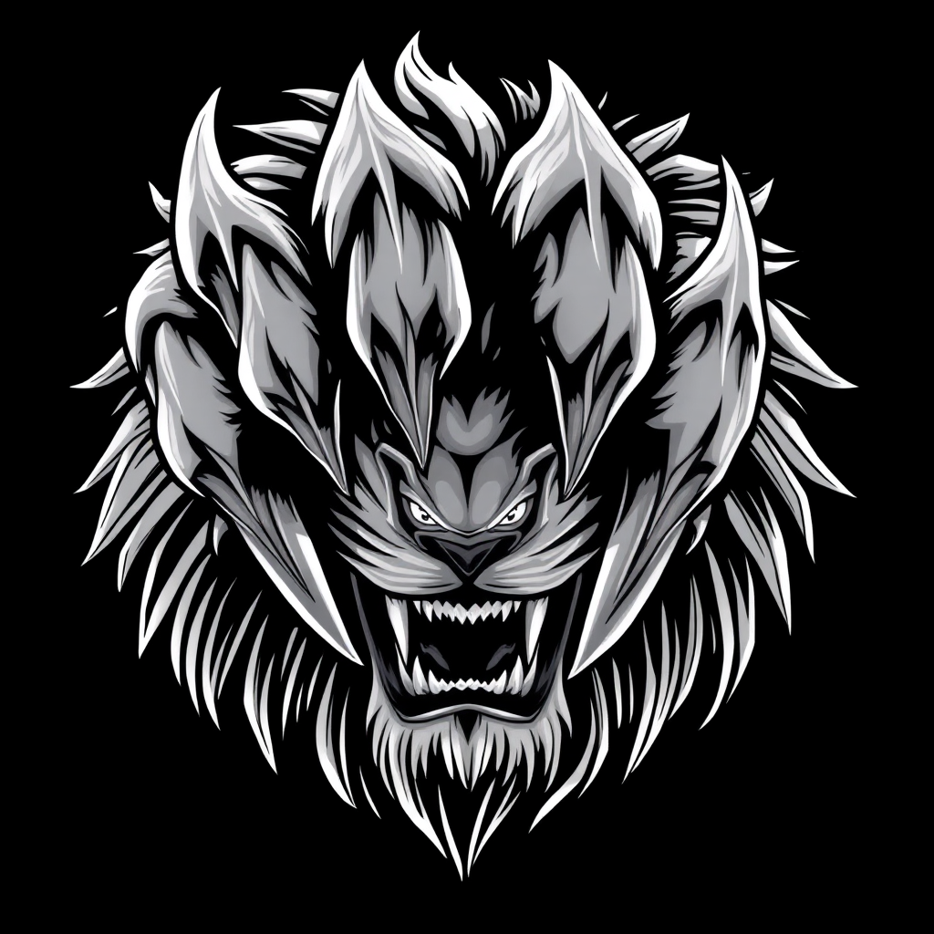 Create an anime-style illustration focusing solely on the claws of a lion, designed to appear demonic. The claws should be exaggerated and sharp, showcasing intricate details and a fierce, menacing look. Incorporate dynamic lines to convey movement and intensity, while using a black and white color scheme to enhance the dramatic effect. The overall design should embody a fierce and powerful aesthetic, suitable for a logo or branding related to strength and ferocity.