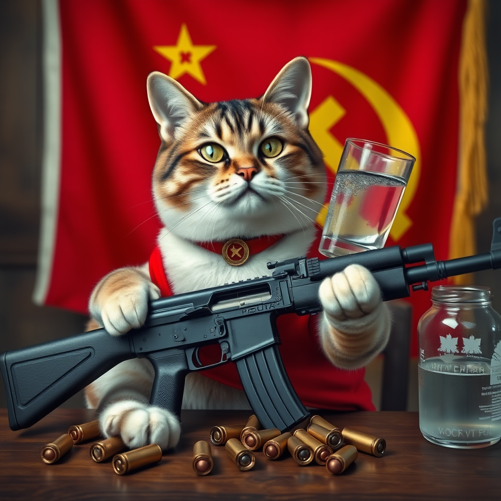 Soviet communist cat with an AK-47 and vodka, and a Soviet flag behind a table with bullet casings on it.