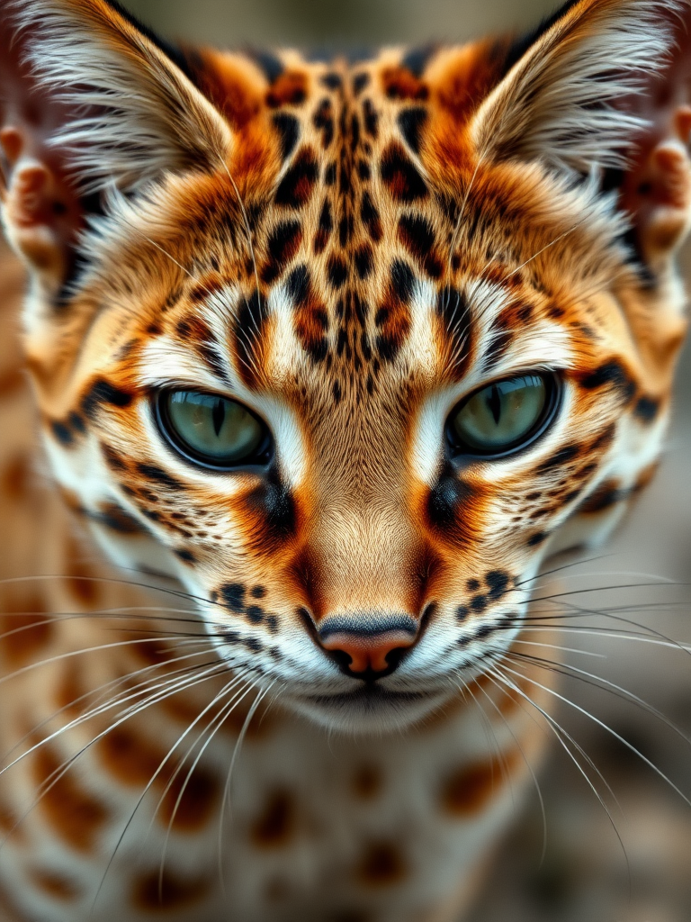 Create a hyper-realistic 4K close-up image of a Rusty-Spotted Cat. The image should focus on the distinctive rust-colored spots on its fur. Ensure the texture of the fur is detailed, capturing the unique pattern of the spots and the overall appearance of this small, wild cat.