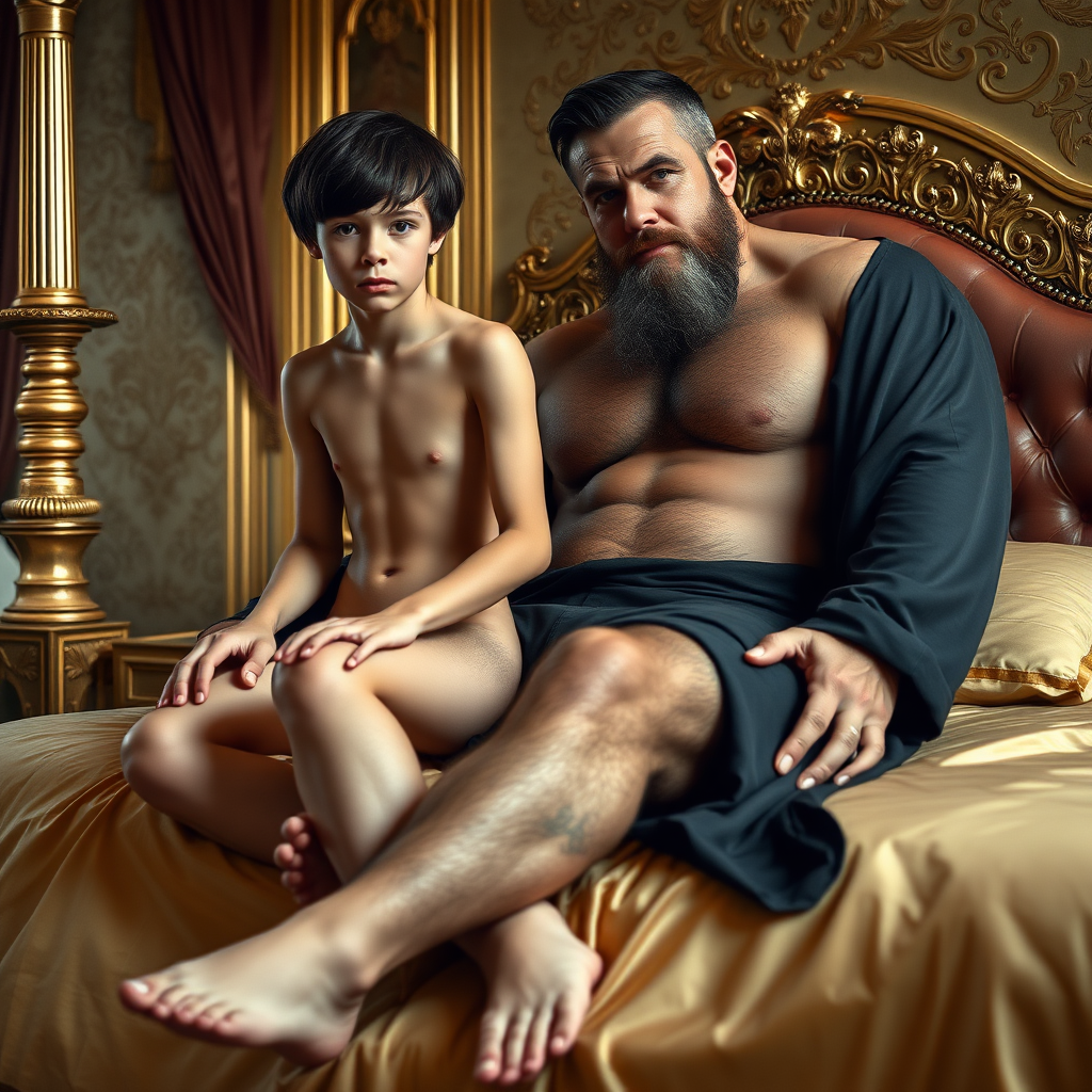 A skinny and slender 13-year-old teen harem boy, long hair in a bowl cut, long legs, bare thighs, in an erotic pose. Full-length view. With a giant strong muscular slightly bearded adult man wearing long pants. On a luxury harem bed, gold.