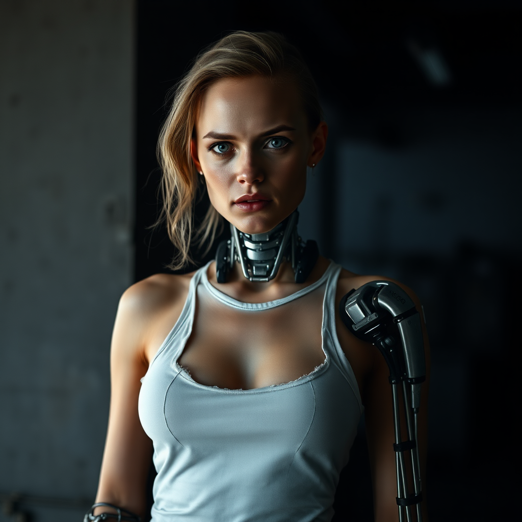 A photo-realistic, non AI generated, real image of 28 yr old Scarlett Johannsson cybernetic organism, living tissue over a metal endo skeleton with a partially torn white tank top, revealing a metallic robotic structure on her body, arms, face, metallic eye red terminator, and limbs. dimly lit, industrial setting, with shadows and soft lighting that emphasize her serious, determined expression. The lighting is dramatic, highlighting the contrast between her human skin and the exposed robotic components. The overall mood is intense, blending science fiction elements with a realistic, gritty atmosphere.