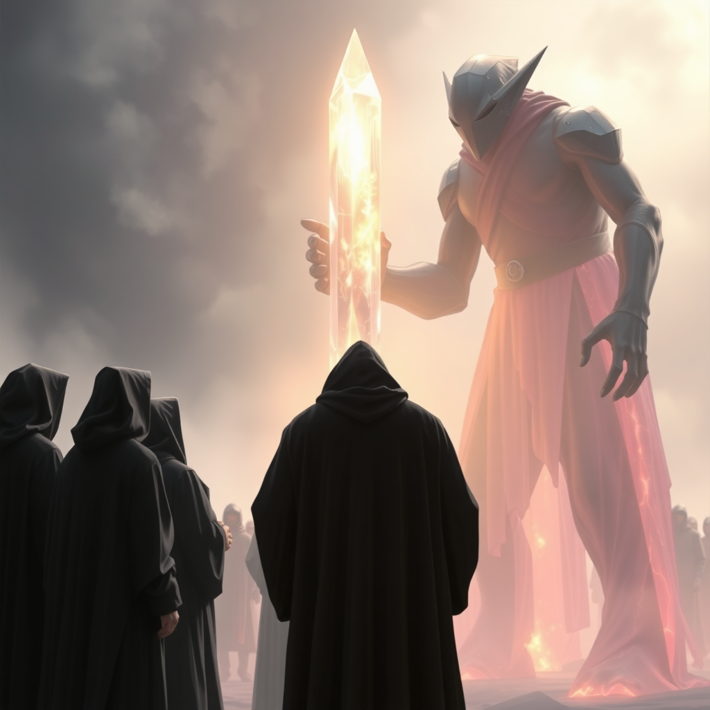 Chromatic, people in dark hooded robes, standing around a crystal light pillar, being talked to by huge humanoid beings