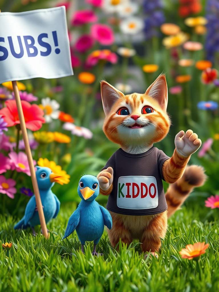 A realistic 4K scene of a Brown Cat and a Blue Bird standing on lush green grass, waving happily. The cat is wearing a shirt with 'KIDDO TV' printed on it. Nearby, brown cat is holding a large flag that says 'SUBSCRIBE!' The vibrant garden background is filled with colorful flowers, creating a joyful and playful atmosphere.