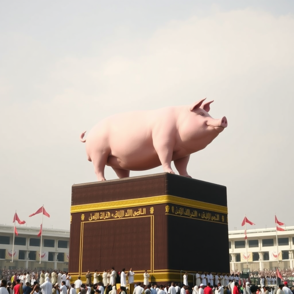 giant pig standing atop of Kaaba