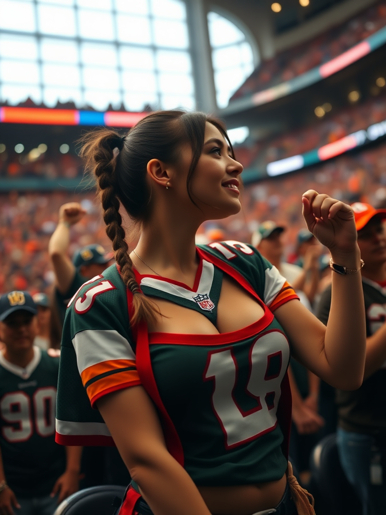 Hot female NFL fan, cheering, pigtail hair, wearing jersey, huge chest, inside crowded stadium