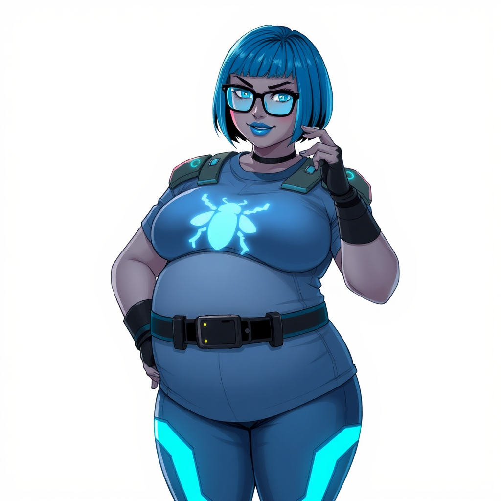 A 28-year-old, full-figured, Middle Gray skinned, computer program hybrid with a maximum blue bob cut. She has a non-athletic, full-figured build, highlighted by a prominent, round, large midsection (with heavy emphasis on her large belly). As the full-figured, nerdy, digital sidekick to her cyberpunk vigilante boyfriend, her metallic middle gray skin and maximum blue lipstick emphasize her digital nature. She wears a digital, computerized costume, consisting of a huge, tight-fitting, maximum blue t-shirt with a neon blue glowing beetle chest icon, hi-tech shoulder pads with neon blue glowing accents, a black hi-tech belt with a digital neon blue glowing buckle, digital maximum blue pants with neon blue accents, and black hi-tech gloves with neon blue glowing accents. Her bright blue eyes, black eyeglasses with neon blue glowing lenses with a built-in HUD, and shy smile with neon red blush accentuate her nerdiness. She stands bashfully with one hand behind her back and the other hand gently touching her cheek, her costume covering all her skin and emphasizing her full-figured physique (especially her belly). She is clearly non-athletic, with a heavy focus on her large belly. Despite her build, she radiates beauty. She has a slim face compared to her physique, accentuating her radiant beauty. She is on a solid white background. She is drawn as if she were in a retro 2D cyberpunk fighting game.