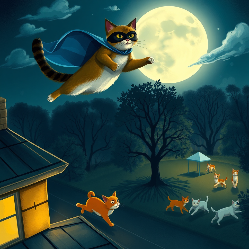 Create a dynamic nighttime scene where a heroic cat named Kiki leaps gracefully from a rooftop towards a park. In the foreground, show Kiki in a blue cape and black mask, embodying a superhero. Below, depict a group of naughty dogs causing trouble for a few frightened small cats. The park is illuminated by moonlight, with trees and shadows adding to the dramatic atmosphere. Capture the moment of Kiki's heroic leap, conveying action and bravery.