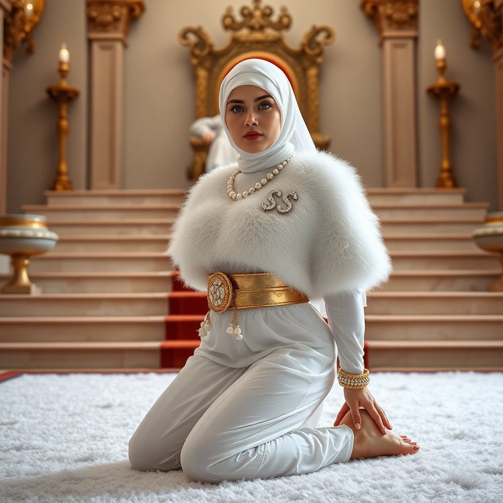 Kuwait desert palace throne room, throne raised on stair head, old overweight mighty sheik sitting on throne. In front of stairs, kneeling on white fluffy carpet: Melissa, European 17 years old very convincing femboy “trophy-bimbo”, tamed servile docile, rather short, by hormones very curvaceous womanly figured, platinum blond short tight curls, heavily made-up eyes, wearing Supertanya-style fluffy very fuzzy bright white angora turtleneck-poncho cropped ending under bust decorated with pearls and gemstones, striking oriental wide gold bridal protection belt, white fully transparent harem pants, full Oriental bridal jewelry, face covered by white sheer full Burka, coin anklets, striking diamond “$$$” letter brooch on left chest, pout frustrated, hands tied behind back, looking at camera. Focus on face and turtleneck-poncho, side perspective.