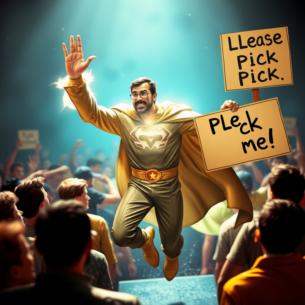 An ethereal mystic superhero eagerly jumps out of a crowd raising and waving his hand. His other hand holds a sign that reads "Please pick me!"