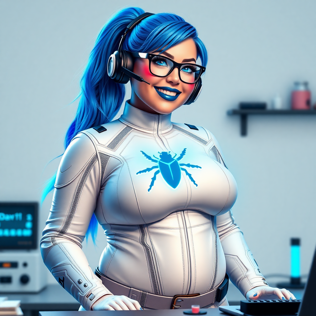 A nerdy, full-figured 29-year-old computer program-human hybrid with a long, maximum blue ponytail. She wears maximum blue lipstick and has bright blue eyes. Her outfit includes a digital anti-flash white biker suit featuring a neon blue glowing beetle chest icon. She sports a sapphire headset and black eyeglasses, with a lovestruck smile and neon red blush. Her full figure reflects the doting care of her vigilante boyfriend. As his tech expert, she works diligently at her lab table in their hideout. The background is solid white. She has a prominent, large, round midsection, thick limbs, and broad shoulders. Her anti-flash white metallic skin with neon blue glowing accents highlights her digital nature. The biker suit blends with her skin appearing to merge together as computer data.