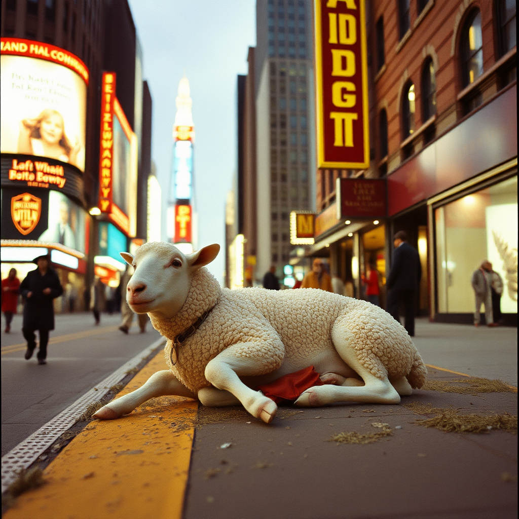 Highly detailed Kodachrome color real surrealist photograph from 1974 of And the lamb lies down on Broadway