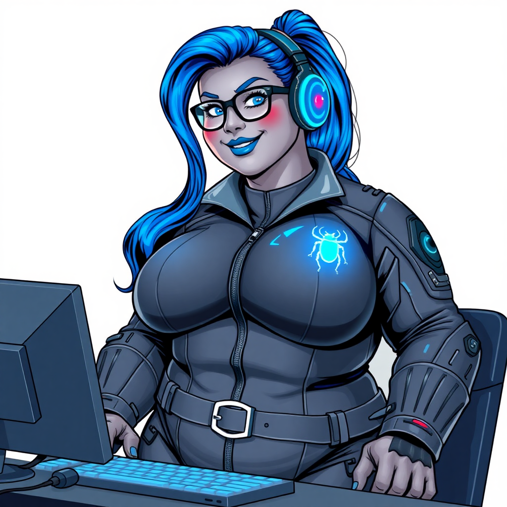 A nerdy, full-figured middle gray-skinned 29-year-old computer program hybrid with a long, maximum blue ponytail. She wears maximum blue lipstick and has bright blue eyes. Her outfit includes a digital, computerized, middle gray biker suit featuring a neon blue glowing beetle chest icon. She sports a sapphire headset and black eyeglasses, with a lovestruck smile and neon red blush. Her full figure reflects the doting care of her vigilante boyfriend. As his tech expert, she works diligently at her lab table in their hideout. The background is solid white. She has a prominent, gargantuan, round midsection, titanic limbs, and broad shoulders. Her middle gray metallic skin highlights her digital nature. The biker suit blends with her middle gray skin appearing to merge together as computer data. She is drawn as if she was in a retro 2D cyberpunk fighting game.