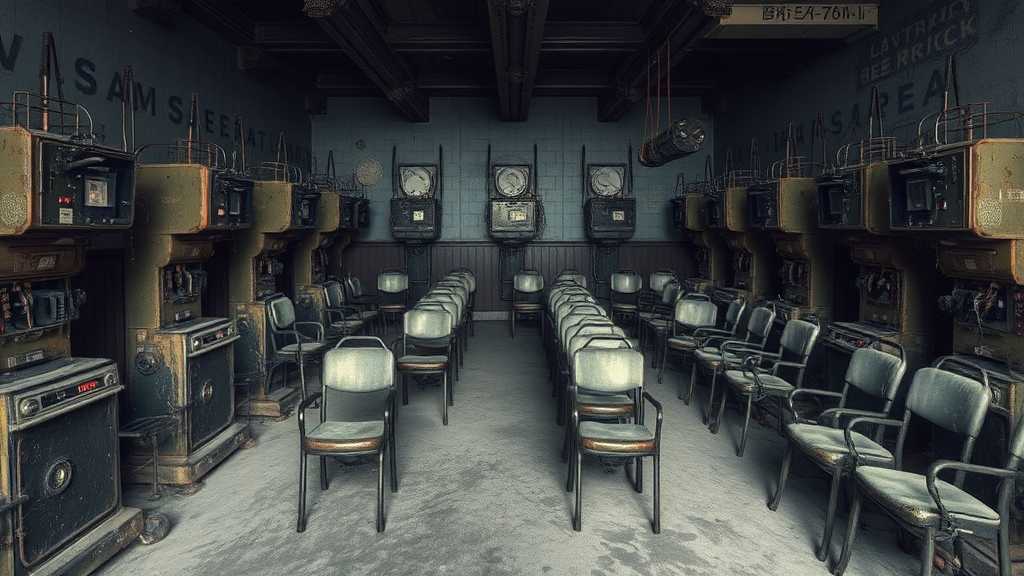 A room filled with rusty electroshock machines and chairs of restraint, dust covering every surface, giving a haunting sense of past horrors.