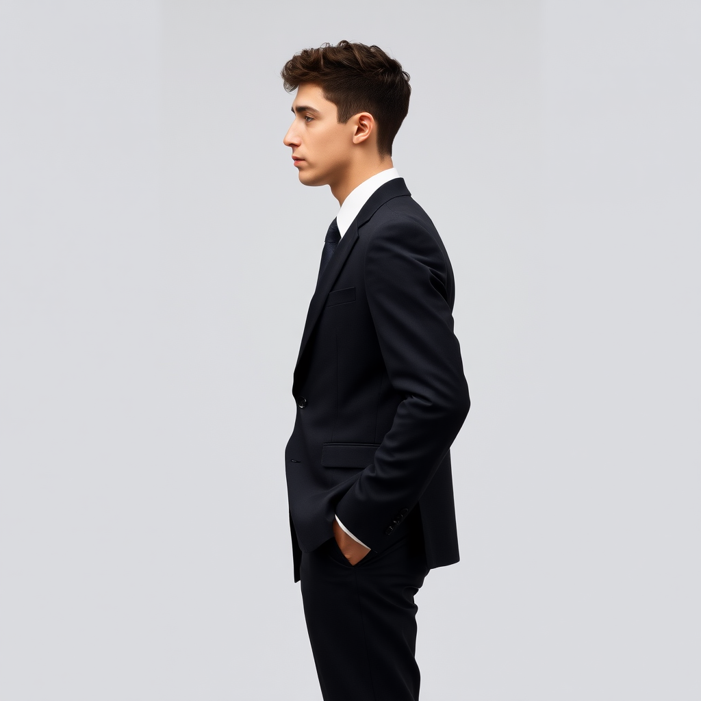 Tall male model in profile, dressed in a formal suit, long trousers, patent shoes, very short fine curly hair, oval face, small nose, brown eyes, thin lips, normal attached ears, slight double chin, Mediterranean complexion, very thin brown eyebrows.