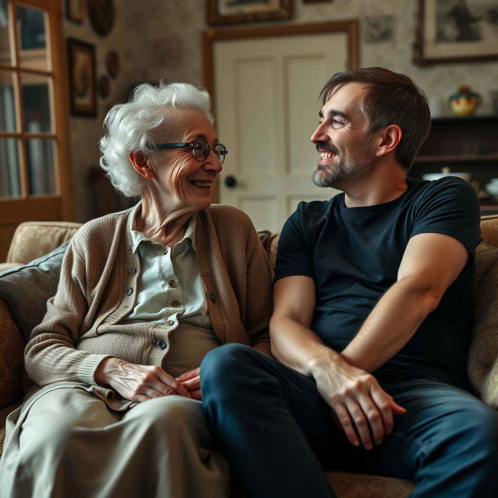 In a scene viewed from an angle and slightly above: In an old-fashioned English living room, a very frail and thin, very elderly English lady with a kind smile, short, thinning white curly hair, wrinkled face, neck and skin, wearing thin framed glasses, an old cardigan, blouse and long skirt is sitting on a sofa with an English man about 40 years old, grey stubble on his chin, brown hair, sitting close next to her on the same sofa, wearing a black T-shirt and dark blue jeans. The man and woman are smiling at each other. The woman is looking at the man's eyes and smiling. The man is looking at the woman's eyes and smiling.