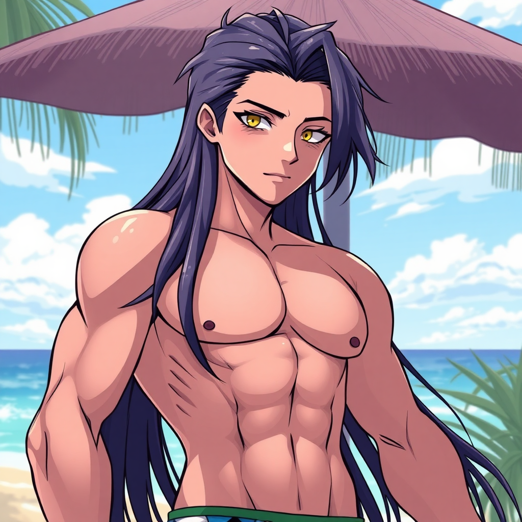 a high quality 2D comic art image of cute effeminate young man with long hair, wide feminine hips, and a flat chest, wearing a bikini, in an art style that is a mix between