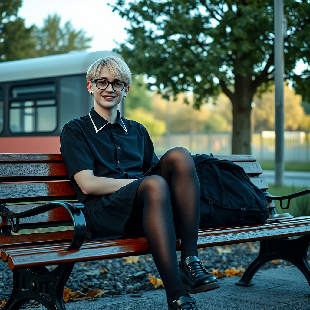 photorealistic, ultra high resolution, 16K, surreal fantasy, soft studio lighting, a pretty 18 year old goth male, slim male physique, short blonde hair, black glasses, goth makeup, earrings, shiny black pantyhose, UK girls-school uniform, Mary-Jane shoes, sitting on his boyfriend's lap on a bench waiting for the school bus, in daylight, excited smile, facing the camera.