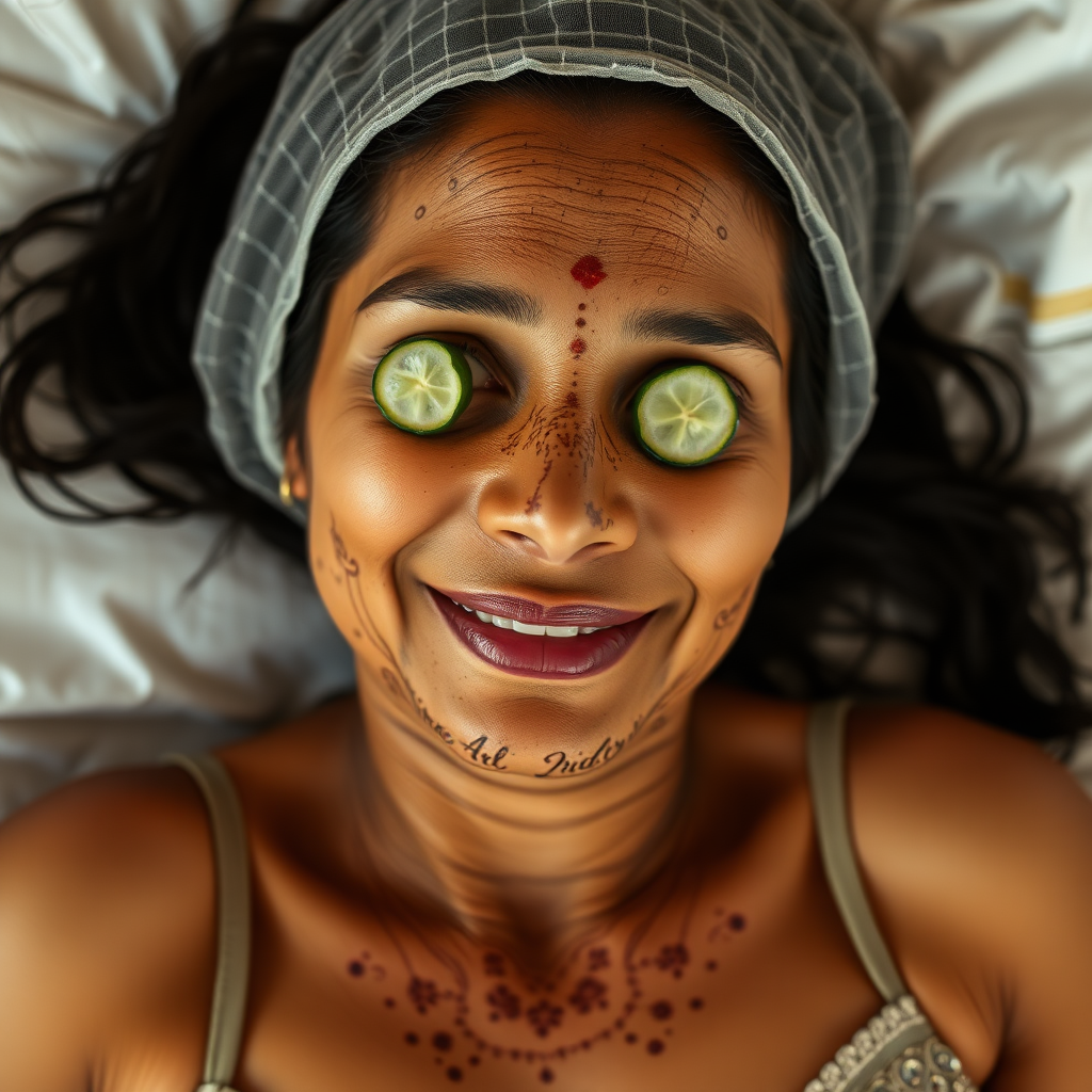 A skinny, traditional, 30-year-old Indian wife with hair covering, wearing a bra, lying on a bed. Her face is covered with henna face mask, and her eyes are covered with cucumber slices. She looks satisfied from her facial expression.