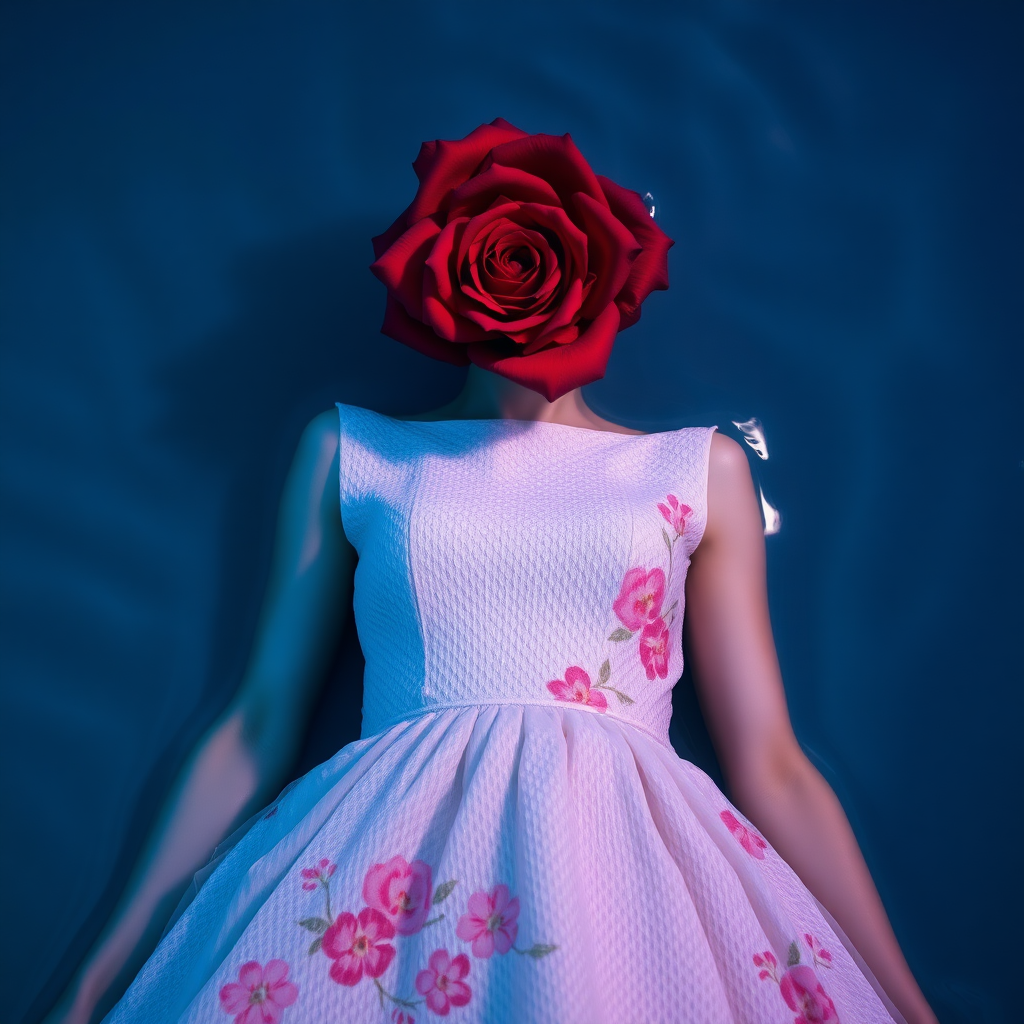 A red rose bouquet head, no human, front view, wearing a white textured dress with pastel minimal floral print design, closeup shot, hyperrealistic, lying inside water with blue and pink effect, nighttime, dark