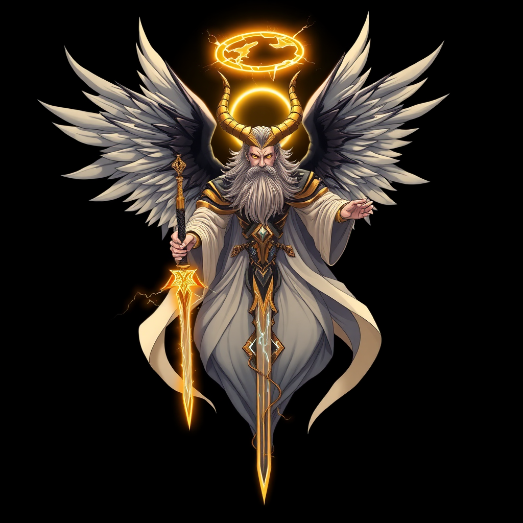 (Anime styled art) Black background of a divine yet sinister figure, floating ominously in mid-air. The being, known as YHVH Demiurge, radiates both light and darkness, with four angelic wings on top and two demonic wings on the back. A shattered halo hovers above its head, casting a fractured cracked glow, 4 golden horns on head. Dressed in flowing robes of white, gold, and black, the figure's long beard sways gently in the air. Its fiery ember eyes burn with a wrathful intensity, exuding a presence both holy and malevolent, he is holding a unique holy-golden-blue-lightning sword in left hand.