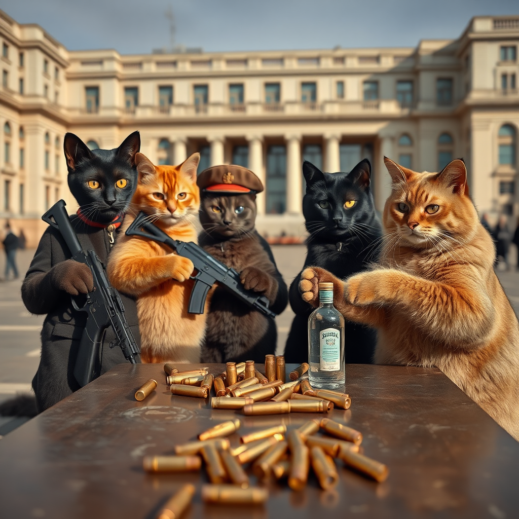 4 cat-men in a large square, a dark-skinned one holding an AK-47, an orange one with a Russian military cap, a dark brown one and a light brown one, communist from the USSR with vodka, around a table with bullet casings on it (silver photo style)