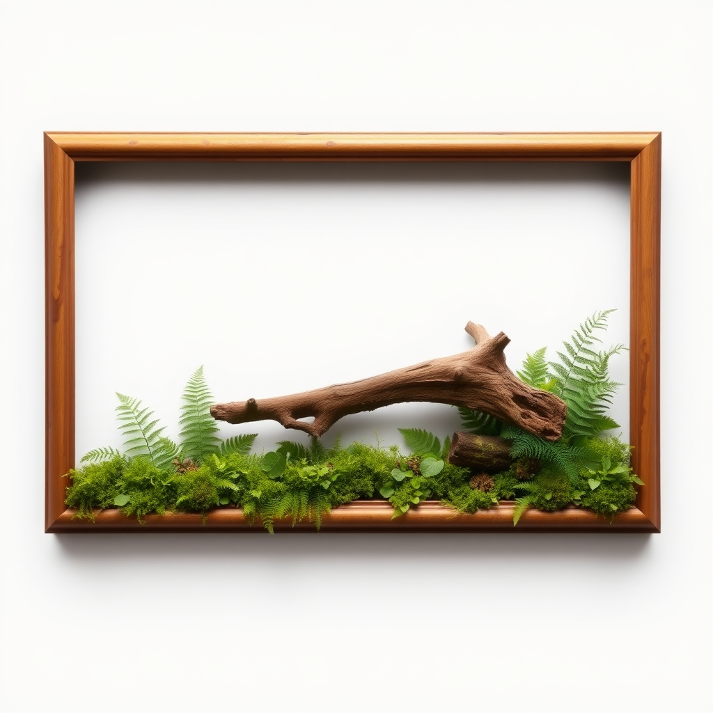 A horizontal picture frame is filled with ferns and moss, with a piece of dead wood in the middle, and the moss covers the inside of the frame but not the frame itself.