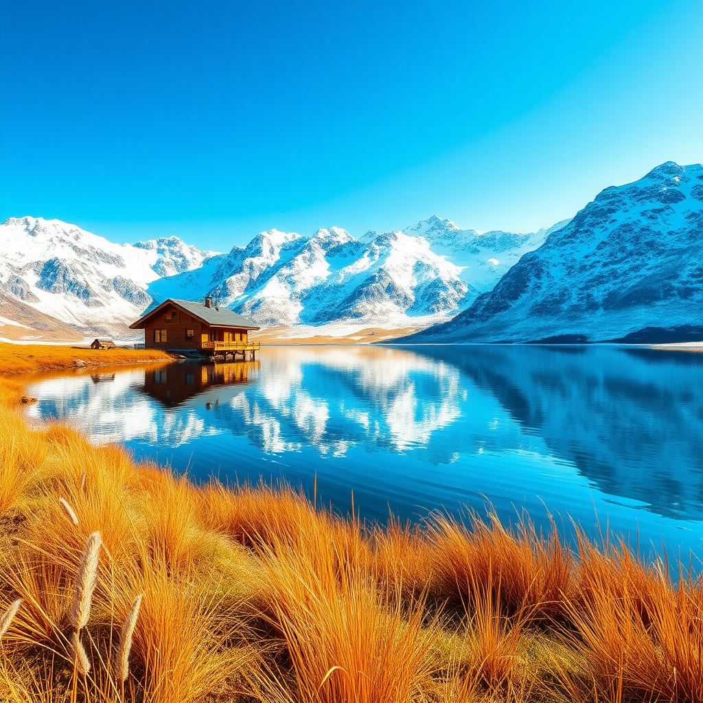 A serene alpine landscape featuring a modern wooden chalet nestled near a tranquil lake. The setting is surrounded by majestic snow-capped mountains under a vivid blue sky. Reflections of the mountains and chalet ripple across the azure waters of the lake. The foreground showcases golden grasses bordering the water, enhancing the warm tones against the cool blues. The entire scene exudes a hyperrealistic aesthetic with bright, saturated colors, emphasizing the clarity and beauty of nature. The composition invites a sense of calm and tranquility in a breathtaking mountain retreat. 애니스타일로