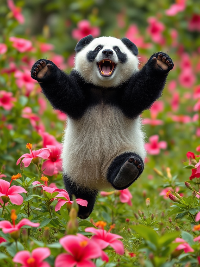 A panda bear running in a field of hibiscus while jumping and smiling.