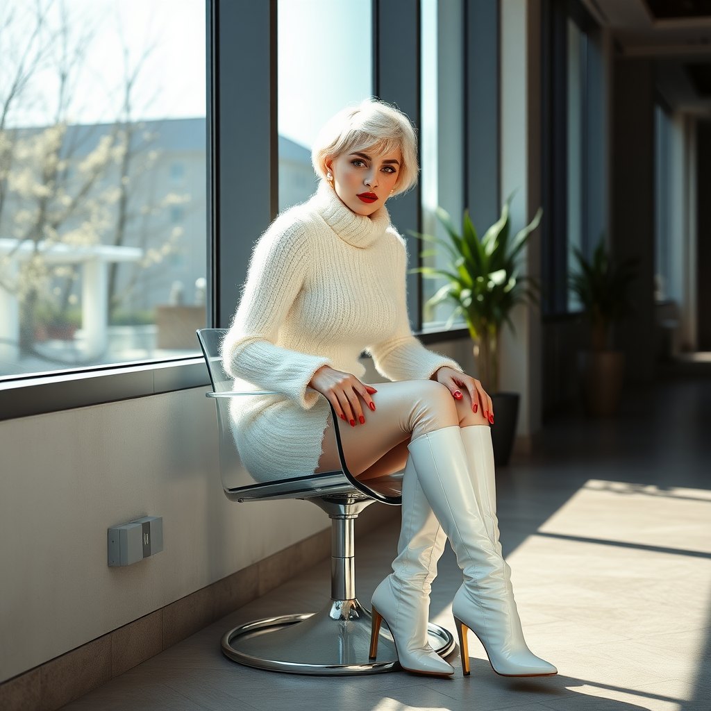 Sunny spring morning, modern glass-steel-concrete office, sitting on glass chair at wall, waiting for the master: Ana, European 17 years old very convincing femboy “trophy-bimbo”, tamed servile docile, very beautiful feminine flawless face, rather short boyish figure, platinum blond short tight curls, bold red lips, heavily made-up face, long French nails, wearing Supertanya-style chunky fluffy very fuzzy bright white plushy mohair figure-hugging turtleneck-knitdress with white pearl decoration, white vinyl thigh-high boots with golden heels, pearl earrings, serious, leaning forward presenting her assets, arrogantly looking at camera.