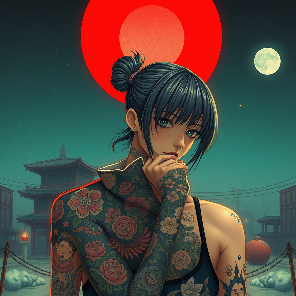 Simon Strenhag style, Yakuza Japanese tattoos Cyberpunk feel, 1 girl, solo,