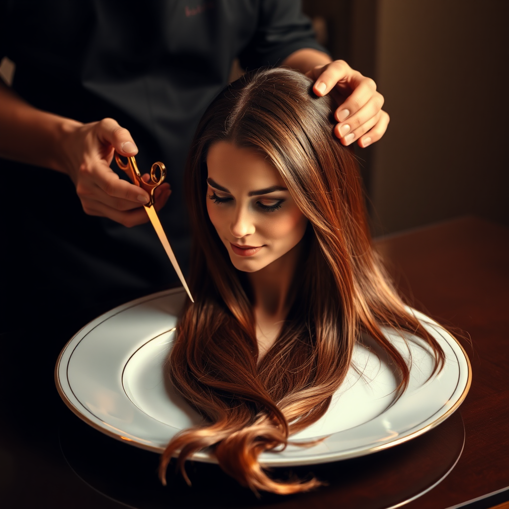 In a bizarre, surreal tableau, the polished surface of an elegant dining plate cradles the disembodied head of a strikingly beautiful Kate Middleton, her long, flowing hair cascading like a glossy waterfall of deep chestnut and honey highlights. The hair is luxuriously arranged, strands shimmering under the soft, ambient light that bathes the scene in an ethereal glow.

A skilled hairdresser, clad in a sleek black apron, stands poised with a pair of gleaming scissors, carefully trimming the endlessly luxurious locks that frame Kate's serene, almost ethereal features. The air is thick with the scent of salon products mingling with delicate hints of floral fragrances, creating an unusual yet strangely inviting atmosphere. The hairdresser's focused expression reveals a meticulous dedication as snippets of hair fall gracefully onto the pristine plate, echoing a sense of both artistry and absurdity.

The overall emotional tone conveys a dreamlike quality, inviting viewers to ponder the juxtaposition of beauty, identity, and the bizarre circumstances that bind them in this extraordinary moment.