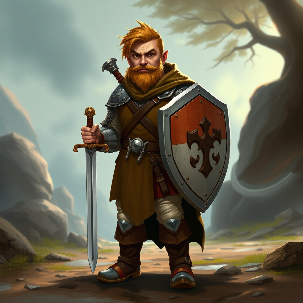 In a fantasy world, a halfling paladin, carrying a shield, high definition, normal and standard appearance, no beard. Character standing upright, sword at his side and shield on his left arm.