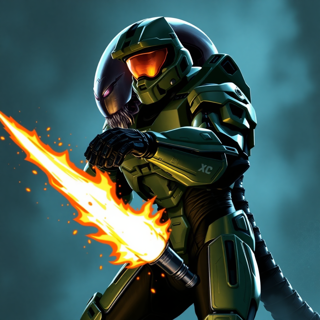 Master Chief from Halo blowing up a Xenomorph.