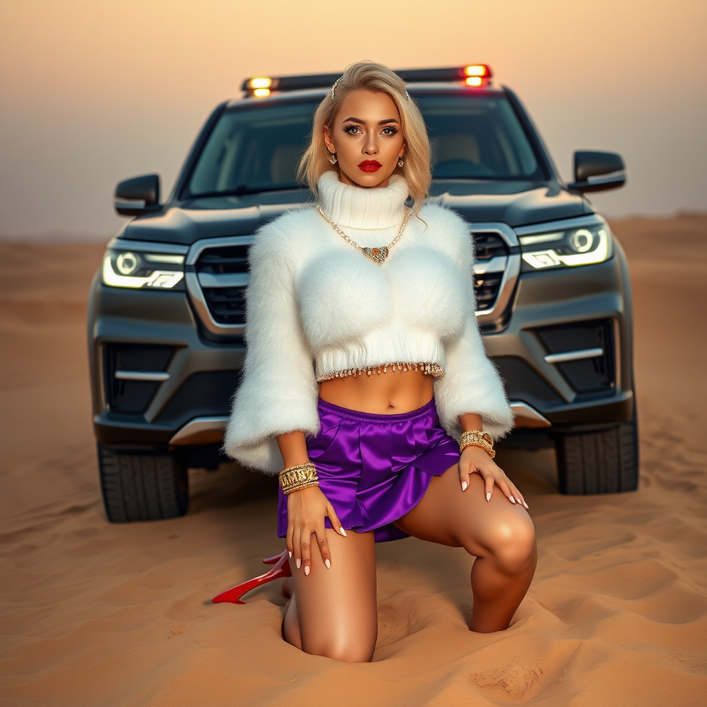 Kuwait desert dunes misty dawn, full size luxury SUV: Melissa, European 17 years old very convincing femboy “trophy-bimbo”, tamed servile docile, very beautiful feminine flawless face, rather short, by hormones very curvaceous womanly figured, platinum blond short tight curls, bold red lips, long white French nails, heavily made-up face, wearing Supertanya-style fluffy very fuzzy bright white angora turtleneck-poncho cropped ending under bust decorated with pearls and glass stones, very tight purple vinyl mini pleated skirt, bright red pumps with golden very high heels, white pearl belly piercing, full Oriental bridal jewelry including headpiece, nose-ring, coin wristlets, coin anklets, striking diamond “Bimbo” letter brooch on left chest, thick heavy pearl wristlets, pearl anklets, pout frustrated, kneeling in sand in front of SUV, looking at camera. Focus on face and turtleneck-poncho.