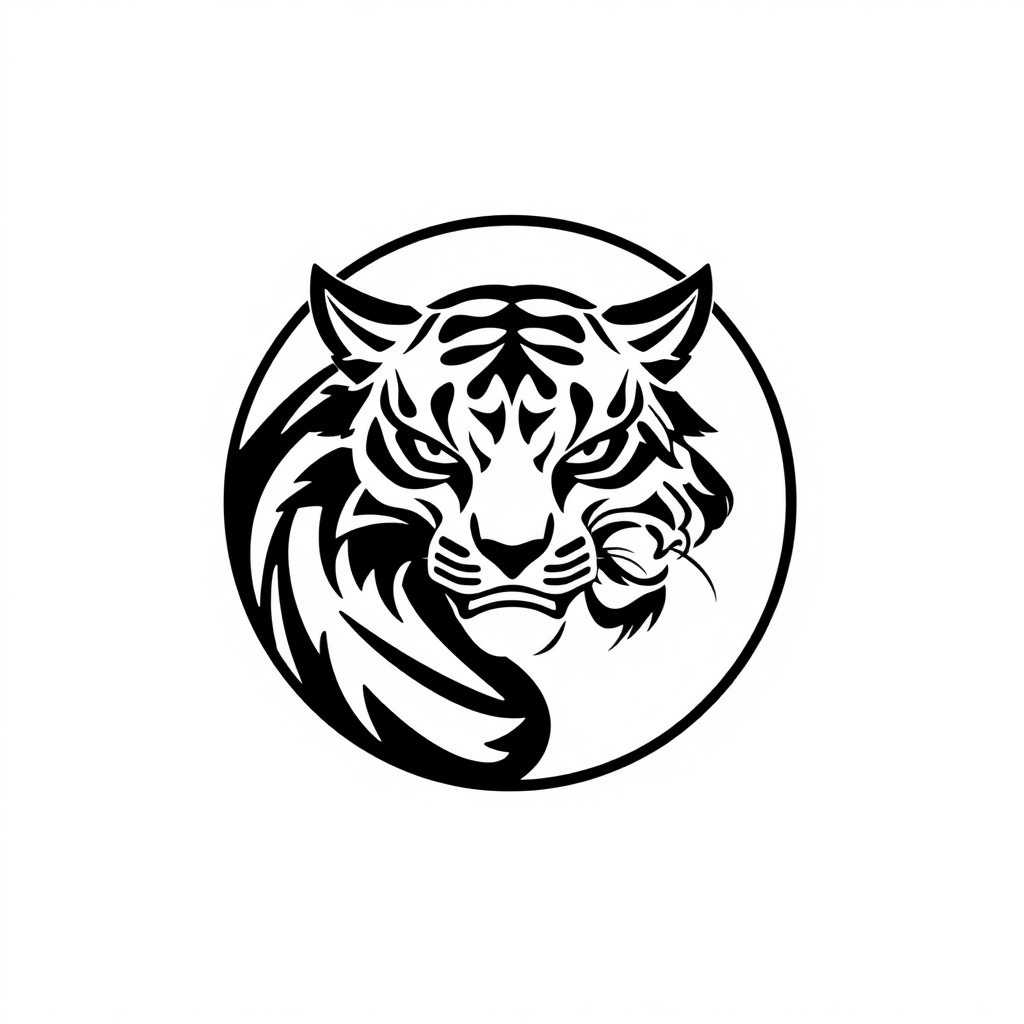 Create a minimalist, monochromatic circular logo design of a tiger in the style of Sak Yant tattoo art.