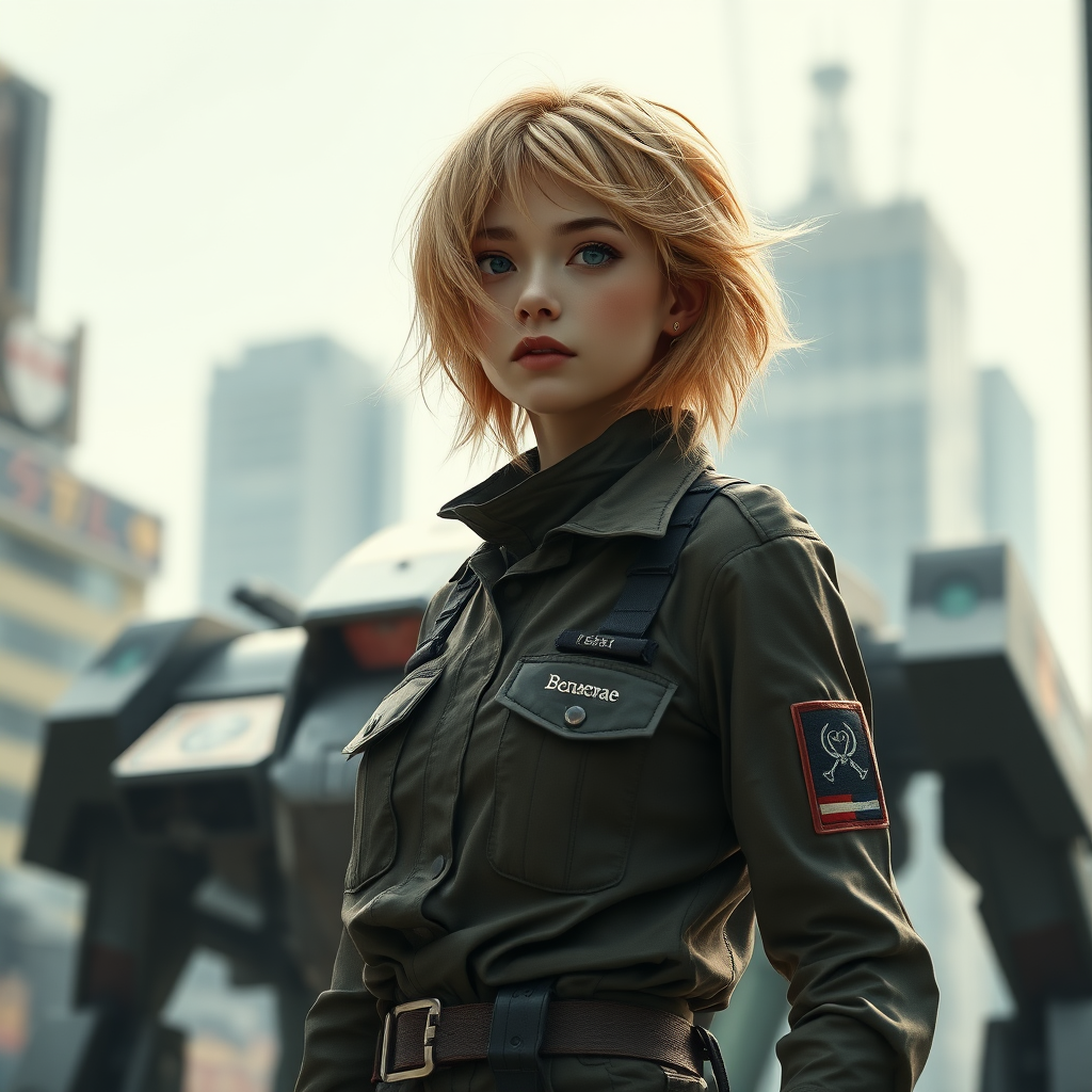 A full body shot of a pretty twenty-something female with a face resembling (ana de armas). strawberry blonde messy shoulder length hair tussled by wind. military outfit, "Benaenae" badge on the breast pocket, long legs, futuristic neo-tokyo, battletech giant mechs twice the height of buildings, Hyper-realistic, Photorealistic digital matte painting, soft focus, film grain, lens flare. gritty, dirty, scuffed.