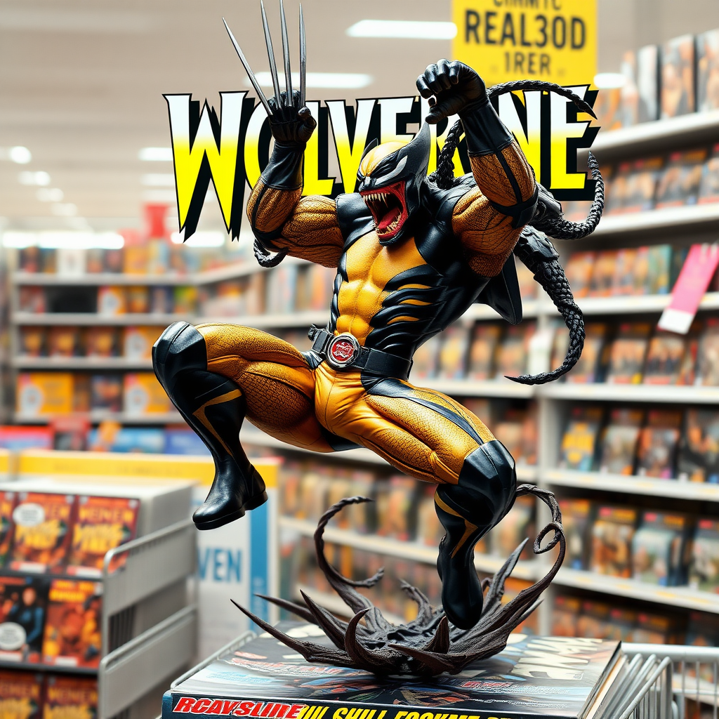 Jumping out of a comic book cover on a store shelf is Wolverine impaling Venom up in the air over his head in cinematic Real3D photo-realistic quality.