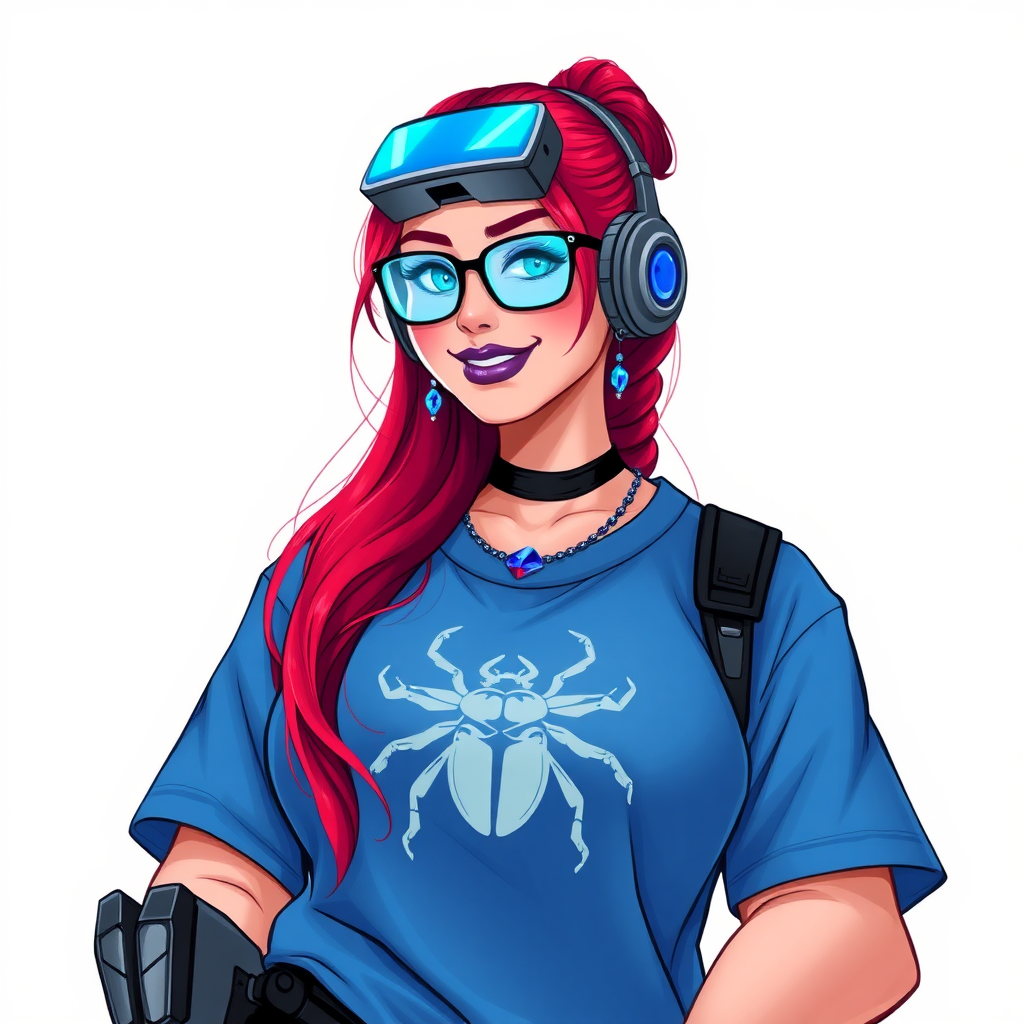 A cyberpunk vigilante’s full-figured intelligent and tech-savvy 29-year-old girlfriend, who is a computer hacker and tech genius. She has a long ruby red ponytail and bright blue eyes. She wears maximum blue lipstick, a sapphire beetle gemstone necklace, sapphire earrings, black eyeglasses, hi-tech metal arm armor, and an oversized maximum blue t-shirt featuring a neon blue glowing icon of a beetle on its chest. She has a full-figured physique with a giant, round midsection, reflecting her well-cared-for lifestyle. She sports a sapphire headset with a hi-tech maximum turquoise lensed HUD, and a beaming smile with a passionate bright red blush. Despite her figure and a lack of self-esteem, she radiates beauty. She has a slim face which contributes to her radiant beauty. She serves as his tech expert from his hideout, diligently working at her lab table and computer desk. The background is solid white. She is drawn as if she was in a retro 2D cyberpunk fighting game.