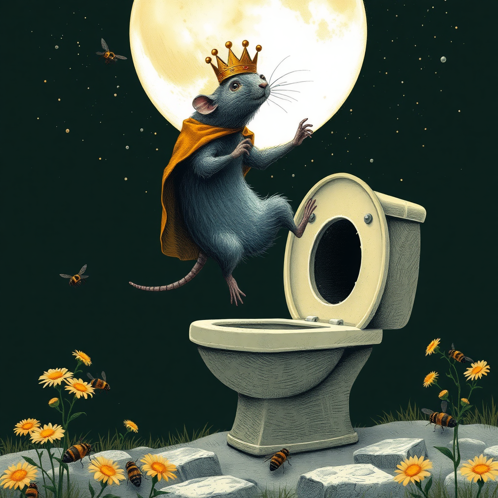 A rat king diving off the moon into a toilet, bees, Mongolian