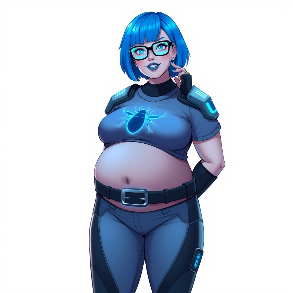 A 28-year-old, full-figured, digital and metallic light neutral gray (N7) skinned computer program hybrid with a maximum blue bob cut. She has a non-athletic build, highlighted by a prominent, round, large midsection (with full emphasis on her large belly), which shows the effects of her love of junk food acquired from her boyfriend. As the full-figured, nerdy, digital sidekick to her cyberpunk vigilante boyfriend, her metallic and digital light neutral gray skin and maximum blue lipstick (5PB 5/12) emphasize her digital nature. Her skin has a subtle, animated glow, with digital patterns occasionally flickering across it, making her digital nature obvious. She wears a digital, computerized costume, consisting of a huge, tight-fitting, maximum blue t-shirt (5PB 5/12) (accentuating her large belly) with a neon blue glowing chest icon of a beetle, hi-tech shoulder pads with neon blue accents, a black hi-tech belt with a digital neon blue glowing buckle, digital maximum blue biker pants (5PB 5/12) with neon blue accents, and black hi-tech fingerless biker gloves with neon blue glowing accents. Her neon blue glowing eyes, black eyeglasses with neon blue glowing lenses equipped with a built-in HUD, and bashful smile with neon red blush accentuate her nerdiness. She stands bashfully with one hand behind her back and the other hand gently touching her cheek, her costume covering all her skin and fully emphasizing her full-figured physique (especially her large belly). She is clearly non-athletic, with full focus on her full-figured physique. Despite her build, she radiates beauty. She has a slim face compared to her physique, accentuating her radiant beauty. She is on a solid white background. She is drawn as if she were in a retro 2D cyberpunk fighting game.