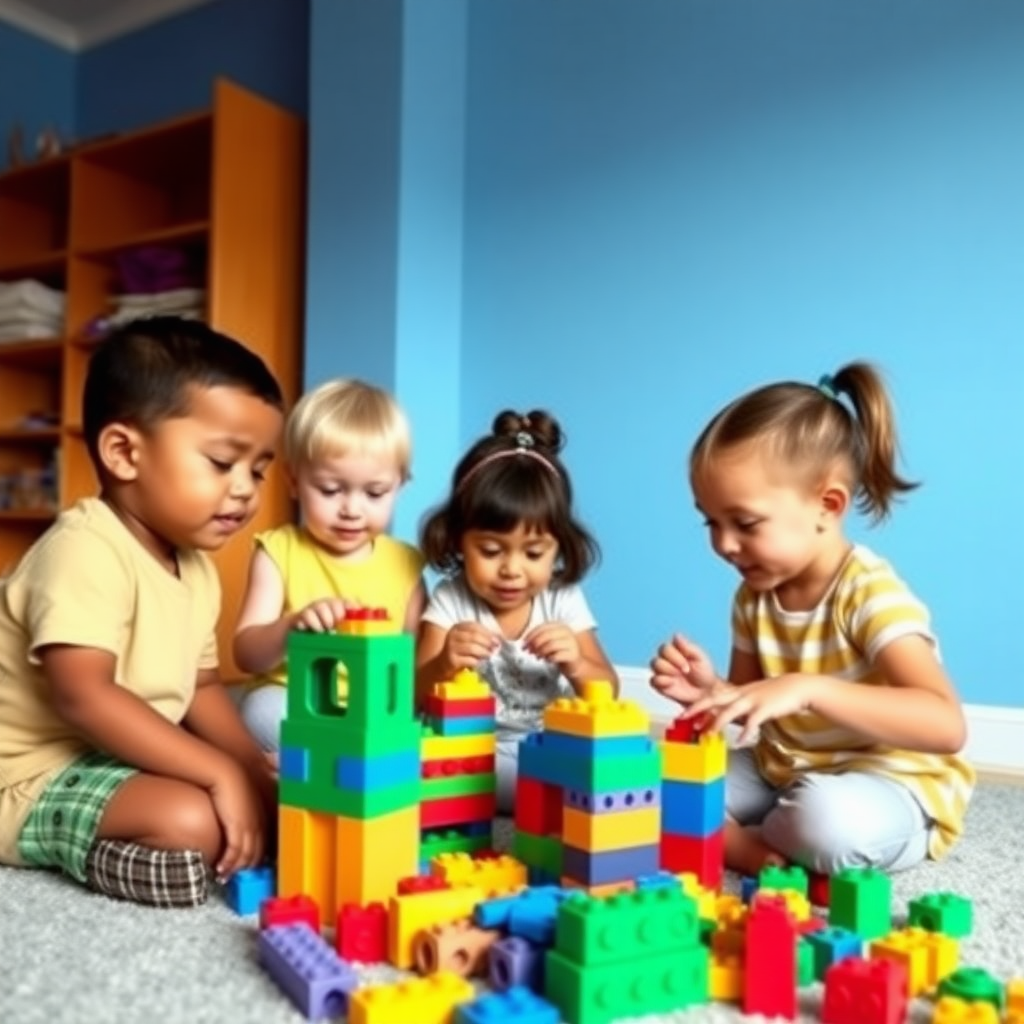 A group of 5 children, short and tall, fat, black, and fair, are playing with toy building blocks at the age of 10 in a room with blue walls.