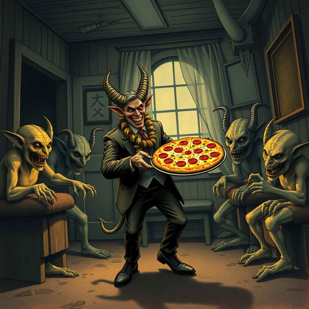 A well dressed handsome demon delivering Hawaiian pizza to angry goblins in a decayed apartment, Chinese woodcut, Mormon, Catholic