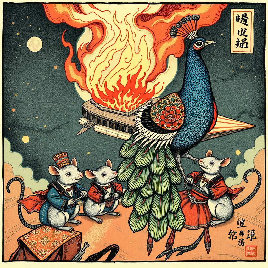 A tattooed peacock saving well-dressed rats from a burning spaceship, Chinese woodcut,