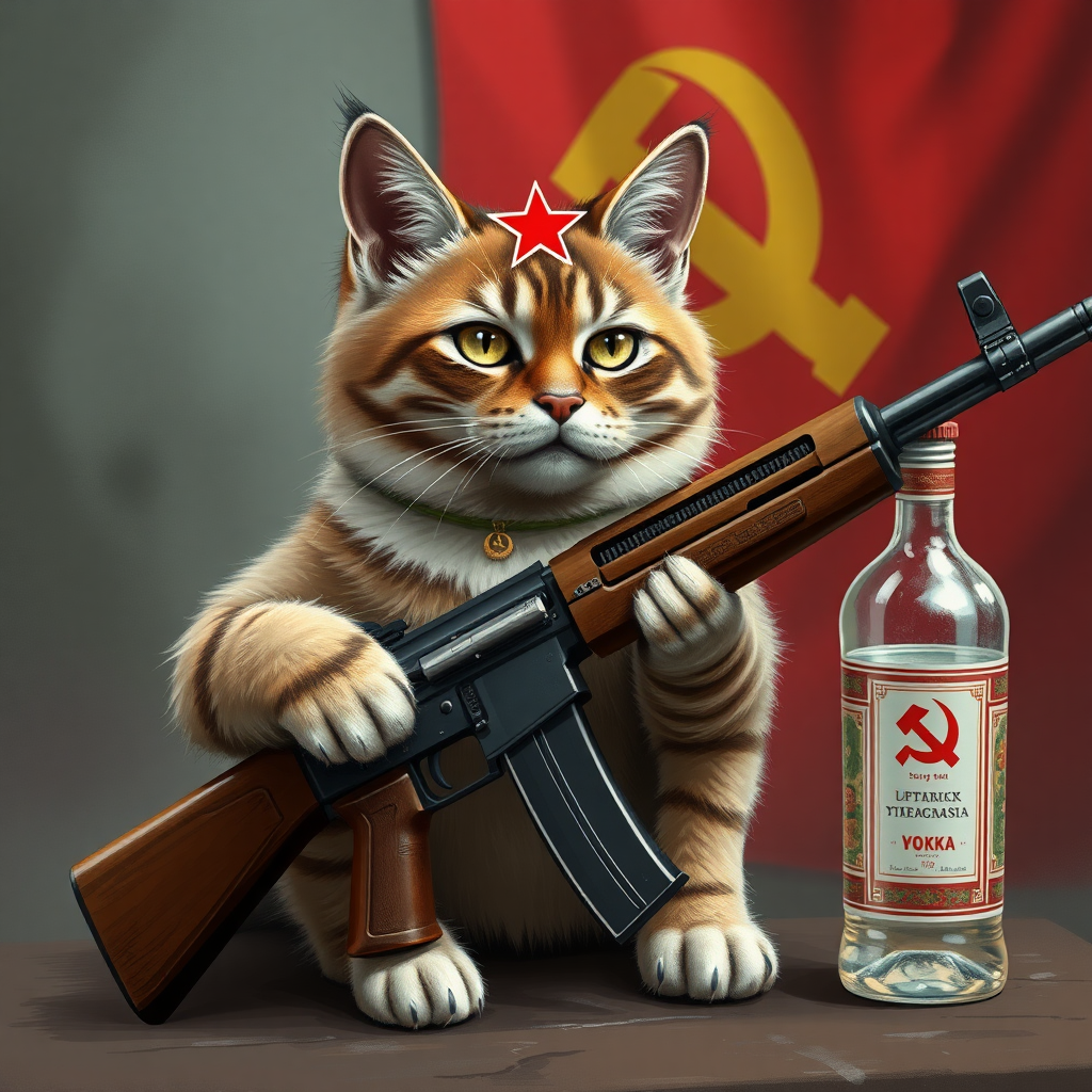 Soviet communist chatcatkat with an AK-47 and vodka